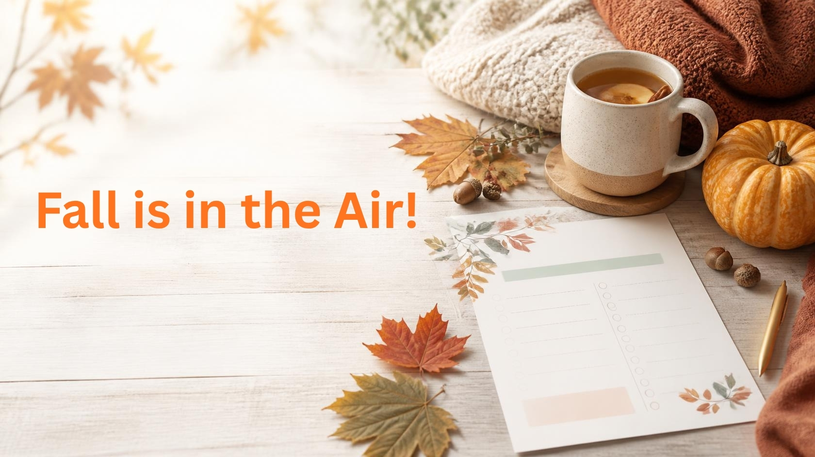Fall is in the air. Photo of hot apple cider, leaves and a small pumpkin