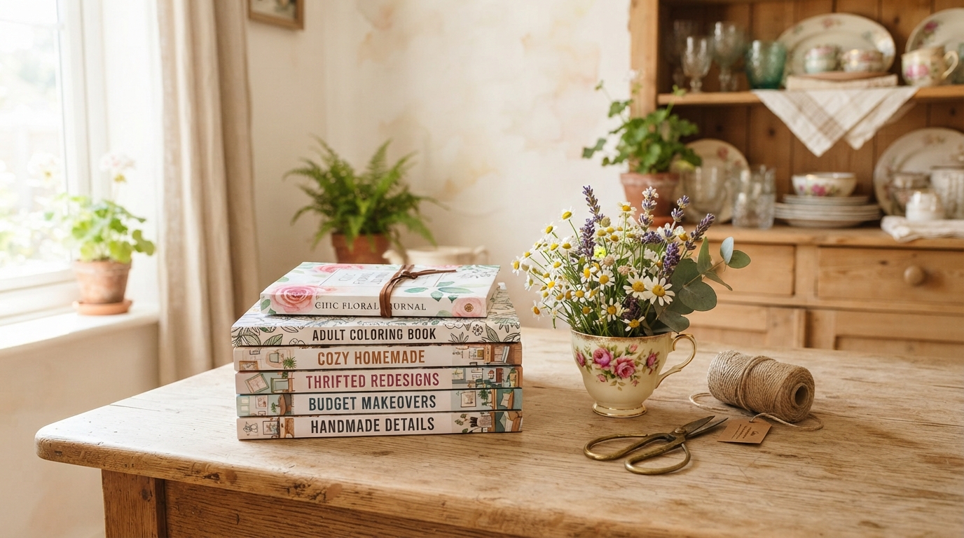 Featured image of books on a table with a flower in a tea cup next to it and a pair of cutting shears.